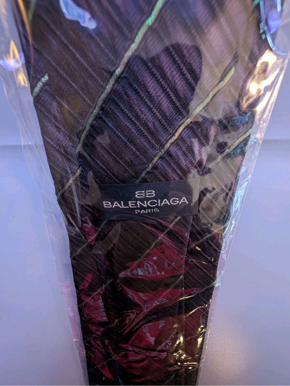 Balenciaga Mens Silk Necktie Vintage Plum Ribbed Gold Green Diagonal Stripe New - Picture 2 of 5